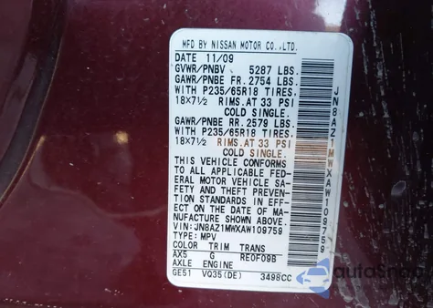 2010 Nissan Murano S z USA, uszkodzony, nr VIN JN8AZ1MWXAW109759